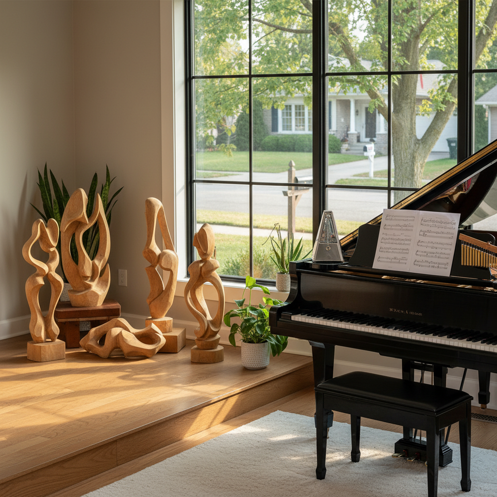 A serene corner of a refined living room transformed into a spiritual exploration space, photographed in naturalistic detail. On a low stage-like platform, a circle of neatly stacked theater masks is replaced by abstract, sculpted wooden forms, symbolizing performance without depicting faces. Beside them, a sleek black digital piano holds open, textless sheet music, with a silver metronome and a set of chimes to evoke music teaching. A large window frames a leafy suburban street, subtly showing a mailbox and house number plaque hinting at 2109 Plymouth Dr, Champaign, IL 61821 without readable numerals. Soft golden hour light creates a contemplative glow, with gentle highlights on polished surfaces. Captured at a slightly elevated angle with balanced composition, the mood is sophisticated, quiet, and introspective, emphasizing photographic realism and clarity.