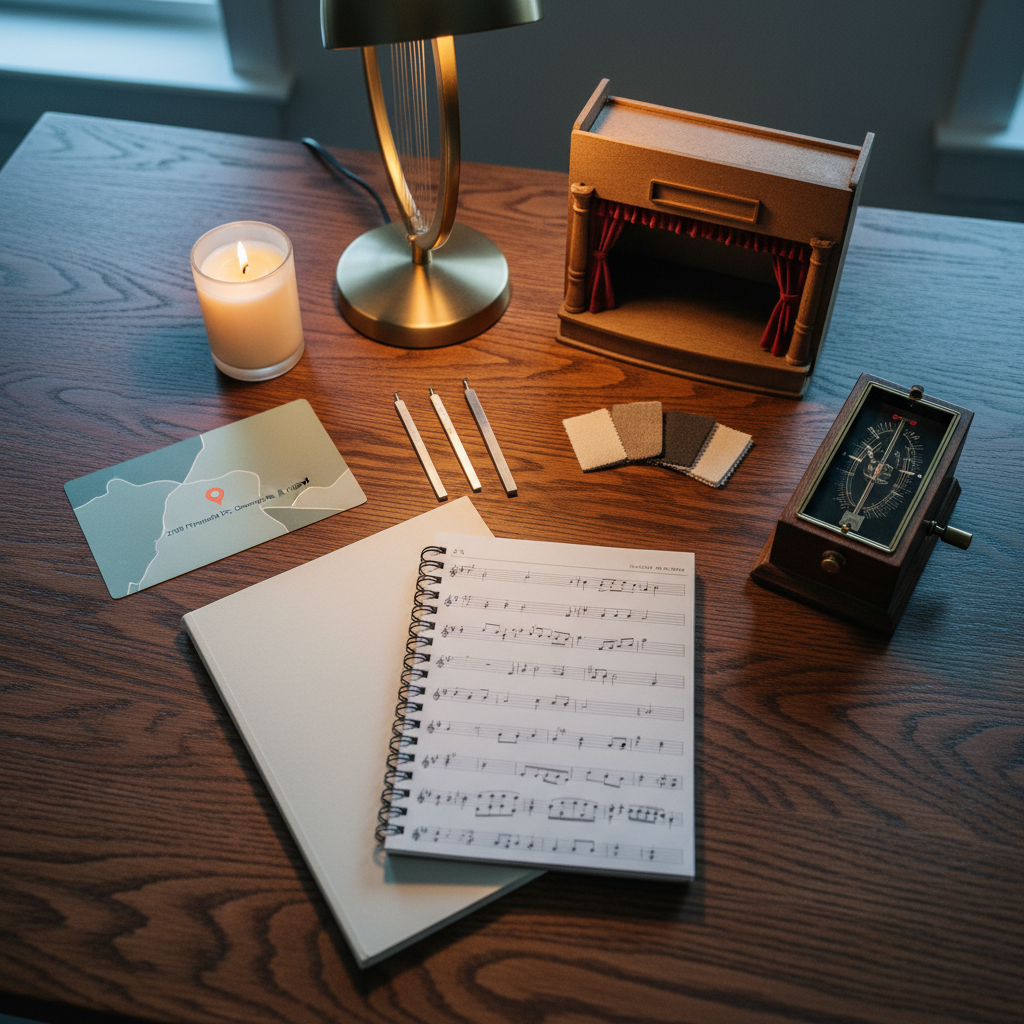 An overhead photographic view of a spacious wooden desk arranged for integrated spiritual, theater, and music teaching. At the center, a large, blank script booklet and a spiral-bound music notebook intersect, flanked by a minimalist, textless map card pinpointing a location corresponding to 2109 Plymouth Dr, Champaign, IL 61821. Nearby, a small, hand-carved stage model and a set of tiny, neutral-colored costume swatches suggest theater work, while tuning forks, a metronome, and a gently glowing tabletop harp lamp symbolize music. A single lit candle in a frosted glass holder casts soft, diffused light, mingling with cool window daylight to create a sophisticated, contemplative mood. The composition uses rule of thirds and shallow depth of field at the edges, emphasizing textures of paper, wood grain, and metal in clean photographic realism.