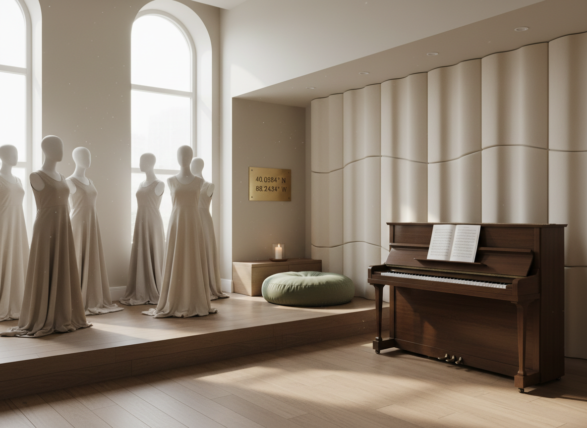 A refined home studio photographed in wide angle, blending spiritual exploration with arts teaching. On the left, a small, raised platform suggests a stage, holding abstract, faceless mannequin torsos draped in neutral fabrics, representing theater exercises without people. On the right, a glossy upright piano with open, blank sheet music faces a wall of acoustic panels shaped like subtle waves, conveying music teaching. In the back, a meditation alcove features a round cushion, a low altar with a candle, and a textless brass plaque bearing engraved coordinates alluding to 2109 Plymouth Dr, Champaign, IL 61821. Soft, diffused late-morning light filters through high windows, illuminating dust motes and creating gentle contrasts. The mood is serene and sophisticated, with clean lines, balanced composition, and photographic realism that invites quiet focus and introspection.